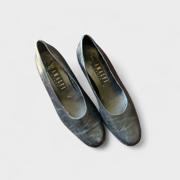 Amalfi Italian Black Leather Block Heel Flats Pumps Size 7 Round Toe B Width - Picture 1 of 8